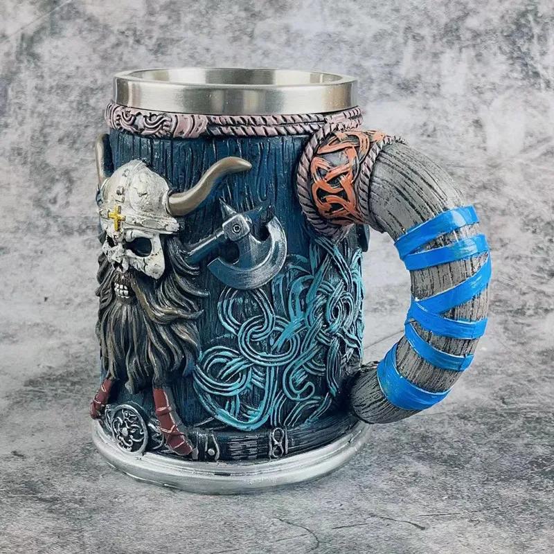 Medieval Viking Pirate Beer Mug Skull Mug Creative Large Capacity Mug Embossed Stainless Steel Coffee Mug Whiskey Cup Bar Party Halloween Gift
