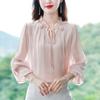 Spring and Summer Thin Section of Women's Solid Colour Long-sleeved Chiffon Shirt Loose Thin Cover Belly Tie Head Shirt