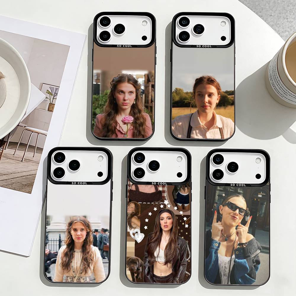 Luxury Brand Star Millie Bobby Phone Case For iPhone17,16,15,14,13,12,Pro Max Black Colored Silver Plated Inside Cover