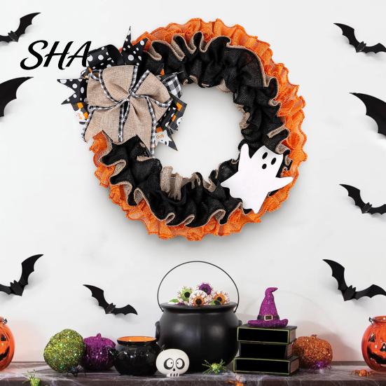 Cartoon Ghost Wreath 15 Inch Halloween for Front Door, Rustic Ruffle with Spooky Door And Burlap Bow Fireplace Walls Windows Gothic Party Decor