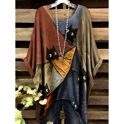 Ретро женская футболка Аниме кошка графика Девушка одежда Летняя с круглым вырезом и коротким рукавом Футболки Женская Харадзюку уличная одежда Оверсайз блузка