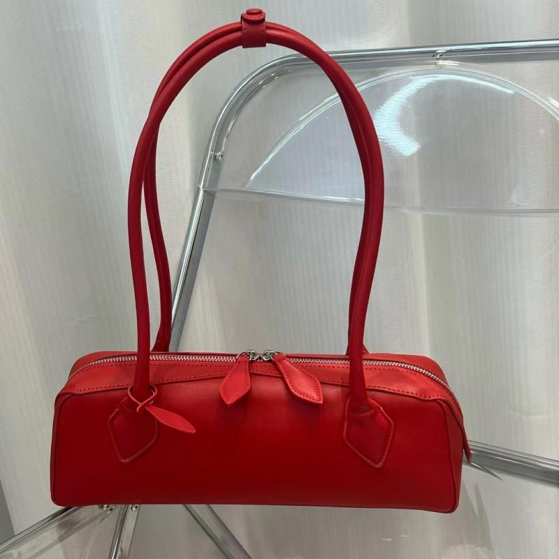 Womens Genuine Leather Loaf Bag Medium Size French Chic Shoulder Handbag With Zip Front Pocket