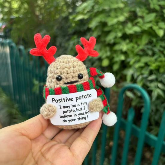 Positive Christmas Crochet Doll with Encouraging Card Emotional Support Handmade Knitting Santa Hat Potato Pickle Decoration Ornament Stress