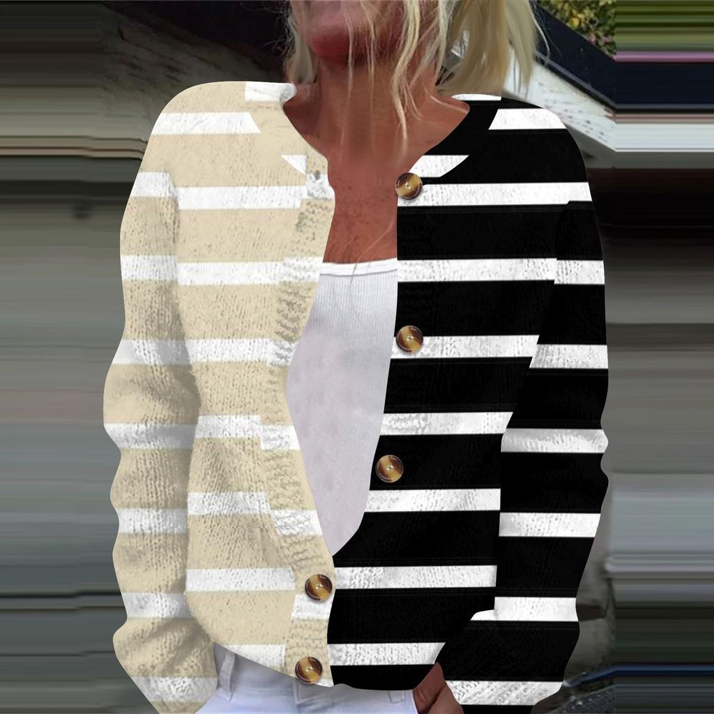 Women's Fashion Casual  Long Sleeve Striped Print Cardigan Jacket Coat