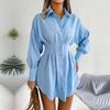 Женское осенне-зимнее однотонное платье с воротником-фонариком и высокой талией, асимметричное платье-рубашка