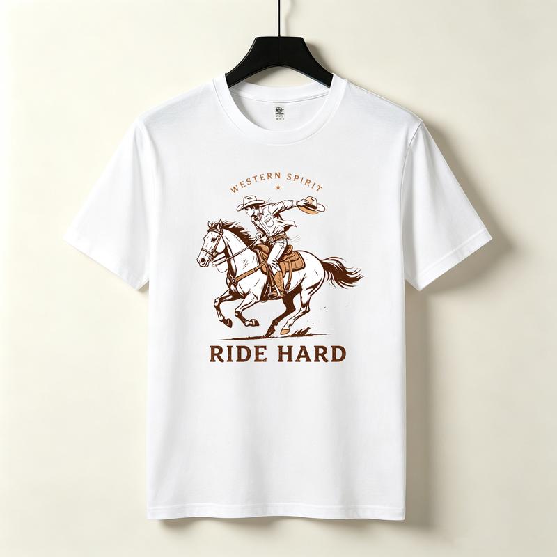 Western Spirit Ride Hard T Shirt Vintage Cowboy Riding Horse Graphic Tees Retro Western Country Short Sleeve Cotton Casual Tops