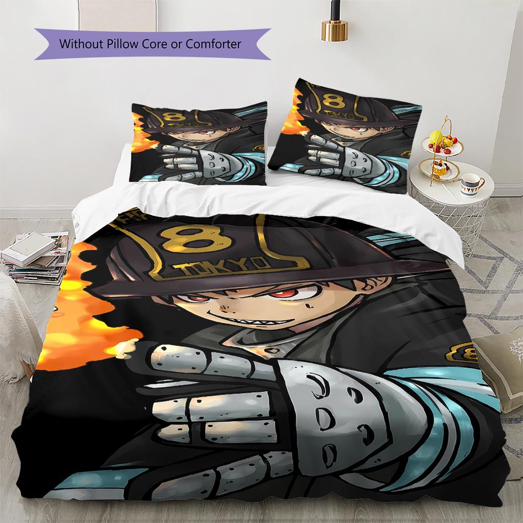 Fire Force Pattern Bedding,Quilt Set Quilt Cover Pillowcase Home Birthday Gift (1 * duvet cover + 2 * pillowcase, without core)