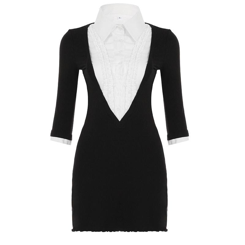 Платье А-силуэта с V-образным вырезом в горошек в стиле Хепберн с кружевом: Тонкая, Элегантная Короткая Юбка