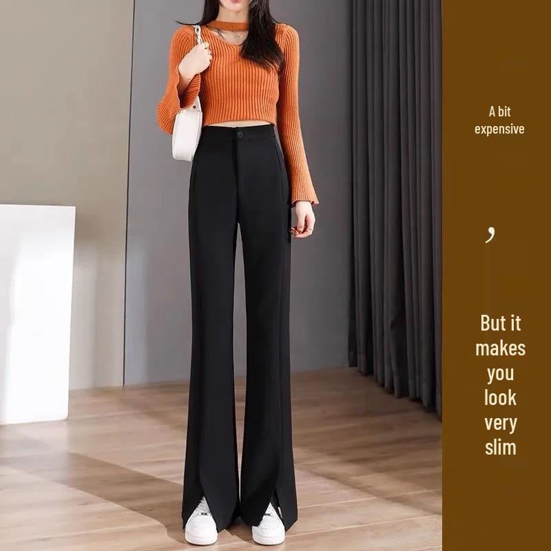 2026 Women's High-Waisted Flowing Black Micro-Flare Wide-Leg Trousers with Slit