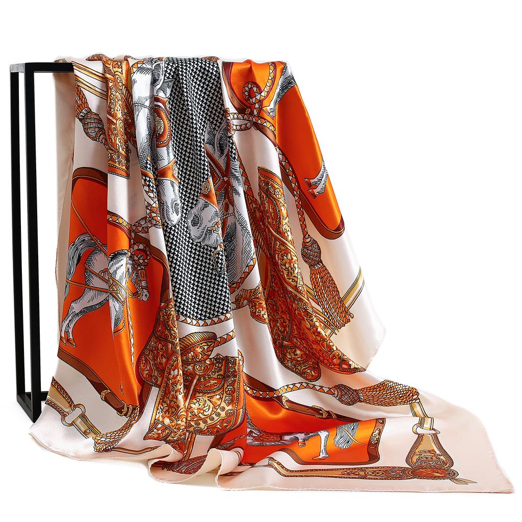 Luxury Brand Summer Kerchief Fashion Foulard Satin Headcloth 1 Piece of 35.4 Inches Square Shawls, Women Print 90X90CM Bandanna,