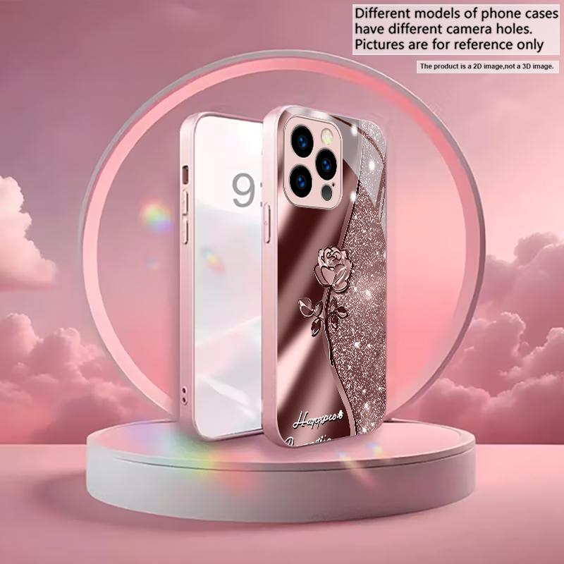 Блестящий Розовый Металлический Стеклянный Чехол с Тиснением для iPhone 11 12 13 14 15 16 17 Pro Max Plus 17Air 16E 7 8 Xr XsMAX