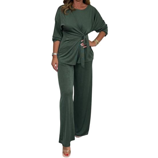 2 шт./комплект женский топ брюки костюм круглый вырез длинный рукав шнуровка