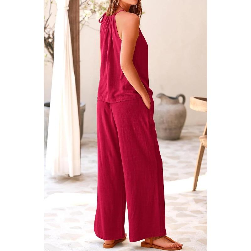 JKASHDK Женские модные повседневные летние весенние однотонные принтованные брюки без рукавов с круглым вырезом костюмы