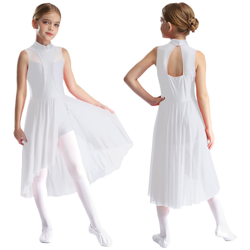 Kids Girls Figure Skating Dance Dress Sleeveless Mock Neck Cutout Back Side Split Asymmetrical Hem Sparkly Rhinestone Dresses