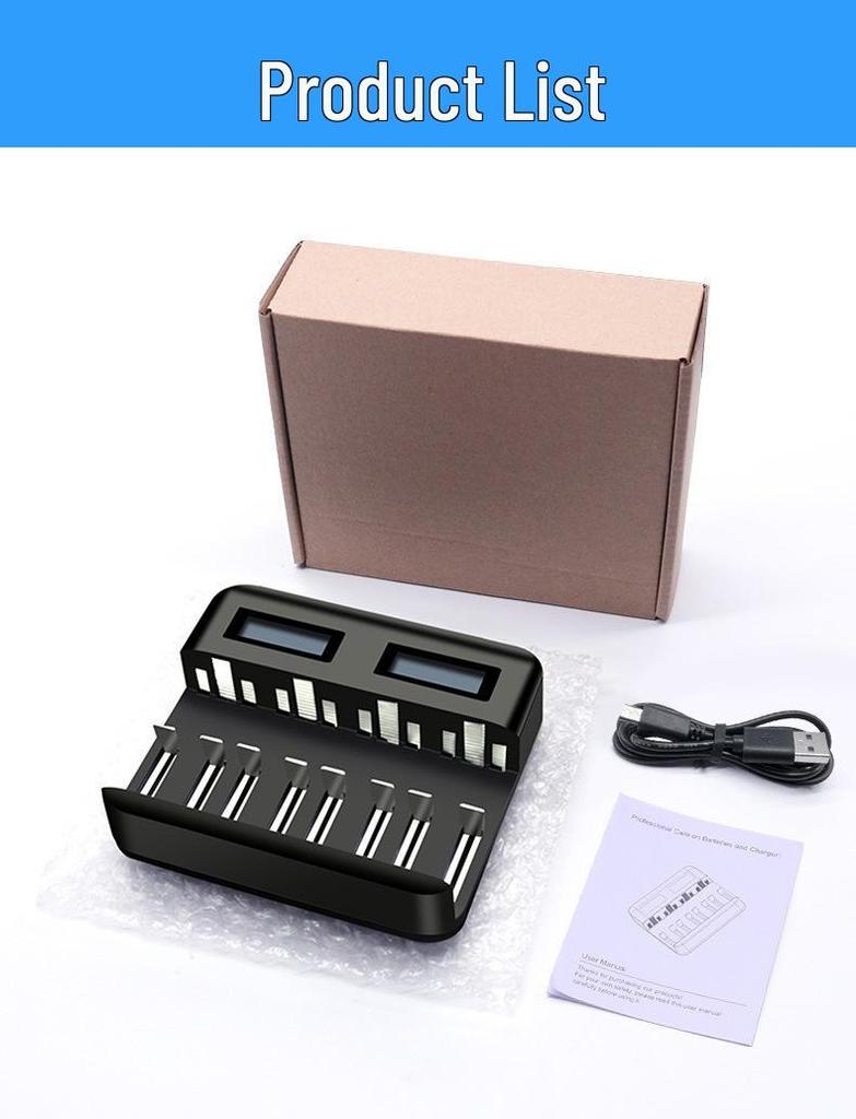 Eight-Slot USB LCD Universal Charger for AA/AAA/C/D Ni-MH Batteries with Type-C Charging