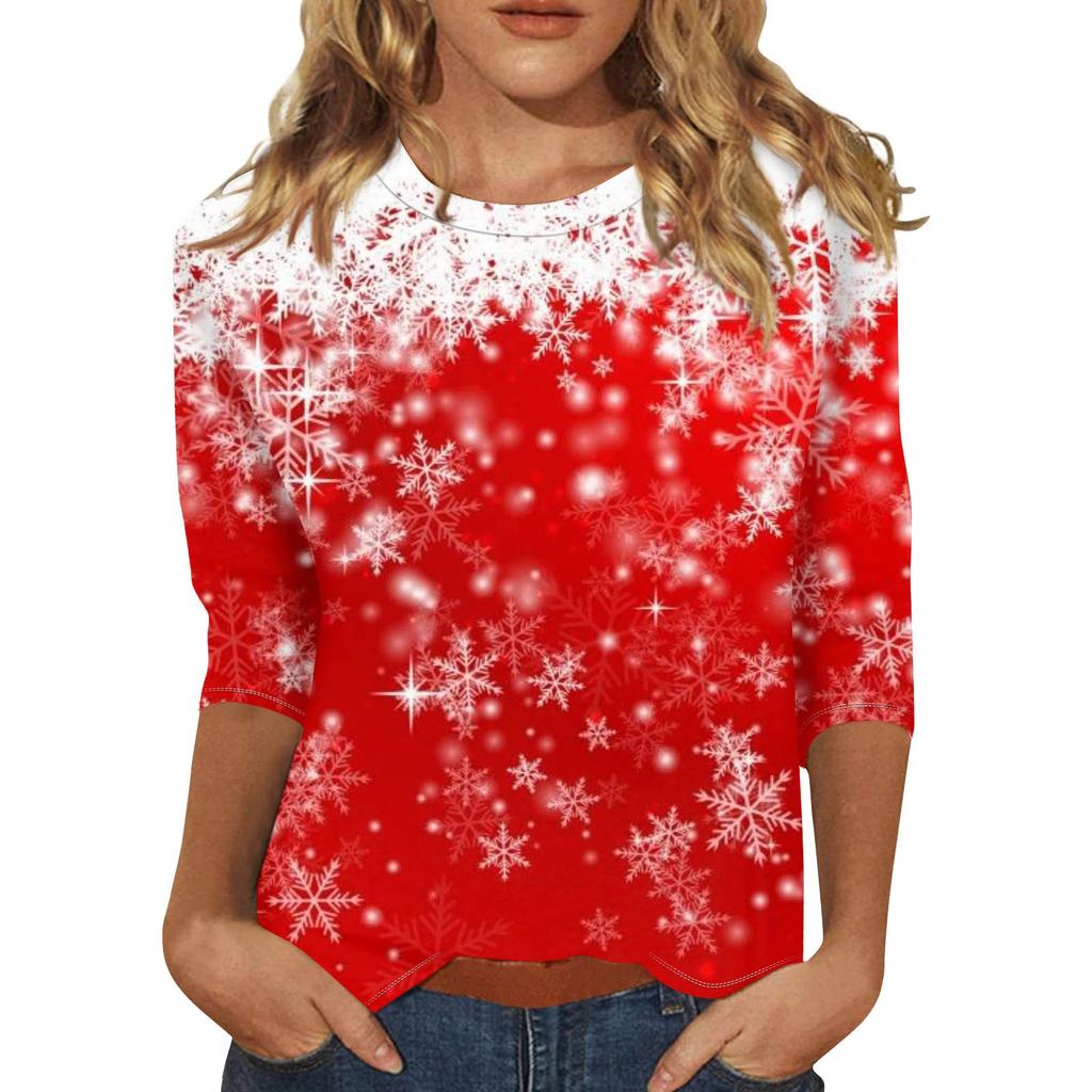 Women's Fashion Casual Seven Sleeve Christmas Printed Round Neck Top