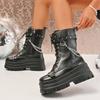 Fashion Punk Style Chunky Motorcycle Boots Women Thick Bottom PU Leather Ankle Boots Woman Metal Chain Decor Gothic Platform Botas Mujer