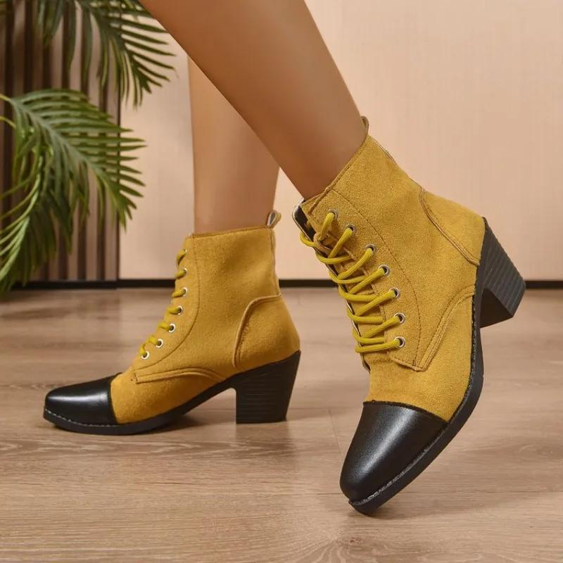 British Retro Style Pointed Head Casual Short Boots for Women Fashion Versatile Comfortable Coarse Heel Ankle Boots