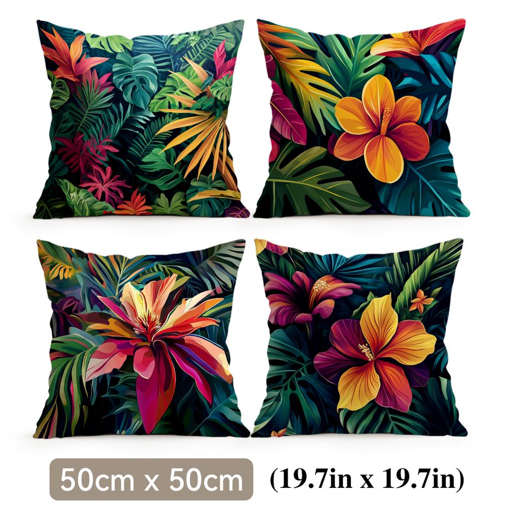 4 Pcs Tropical Plants And Flowers Single-Sided Printed Pillowcase Cushion Cover,Suitable For Living Room,Bedroom,Car Decoration