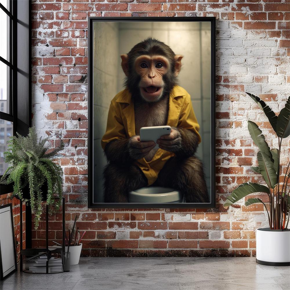 Funny Monkey on Toilet Wall Art Poster Surprised Chimp with Phone Print Canvas Painting Jungle Bathroom Decor Toilet Wall Decor