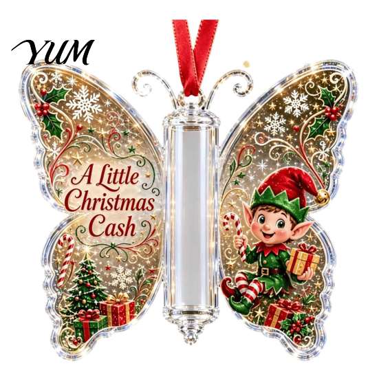 Acrylic Cash Display Christmas Gift Ornament, Butterfly Money Holder with Built?in Present Clear Compartment, Holiday Hanging Ornament for