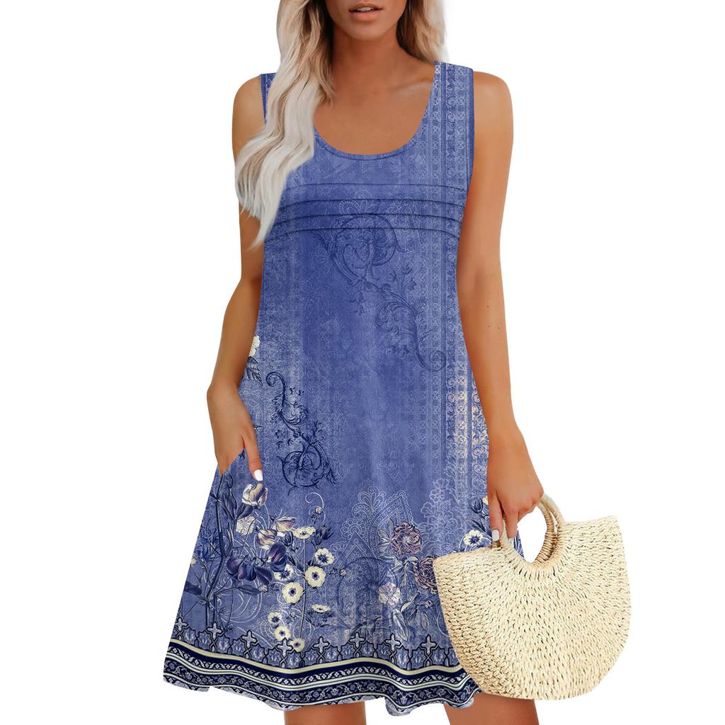 Женские летние платья Свободные сарафаны без рукавов Платье с карманами