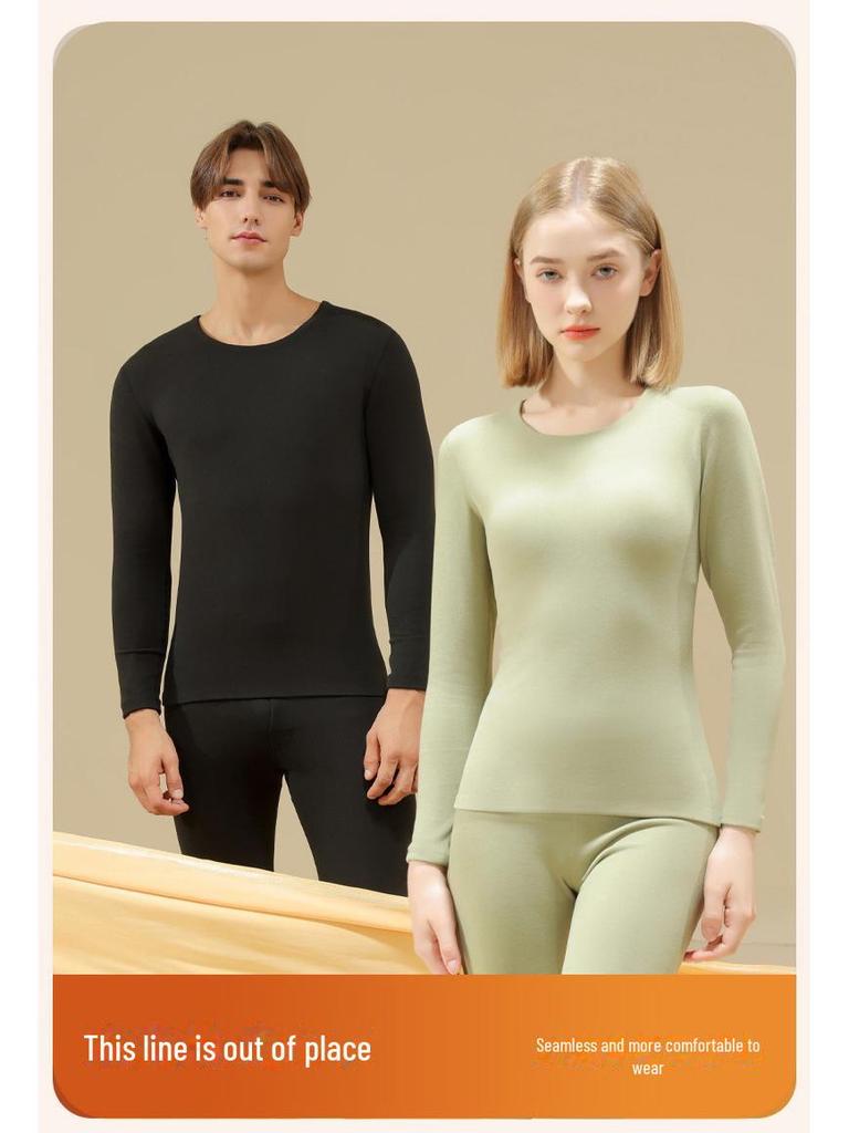 Комплект мужского термобелья: Плюс бархат, немецкий кашемировый шелк, бесшовный, круглый вырез, для осени/зимы.