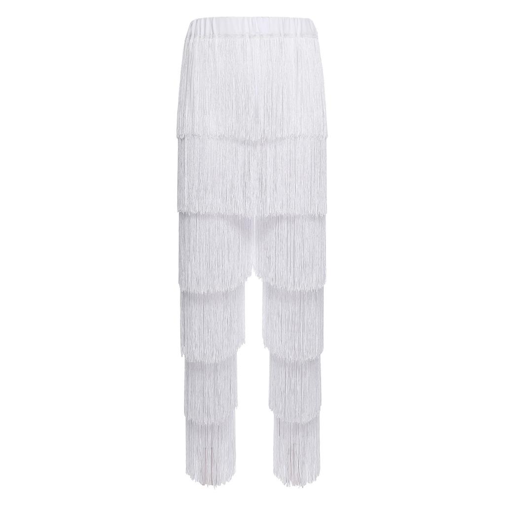 Womens Latin Dance Fringe Pants Elastic Waistband Contrast Color Tassel Trousers Cha Cha Tango Rumba