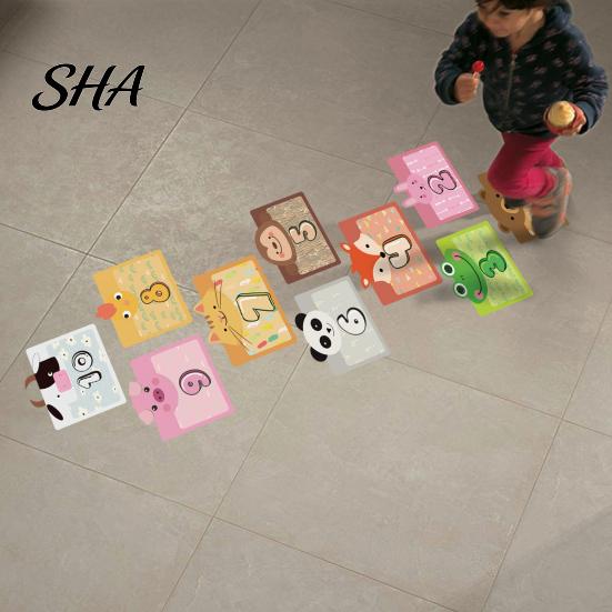 Indoor Hopping Game Tiles Number Lattice Floor Stickers, 1-10 Hopscotch Decals, Removable Cartoon Animal Learning Games Animals Wall Decals