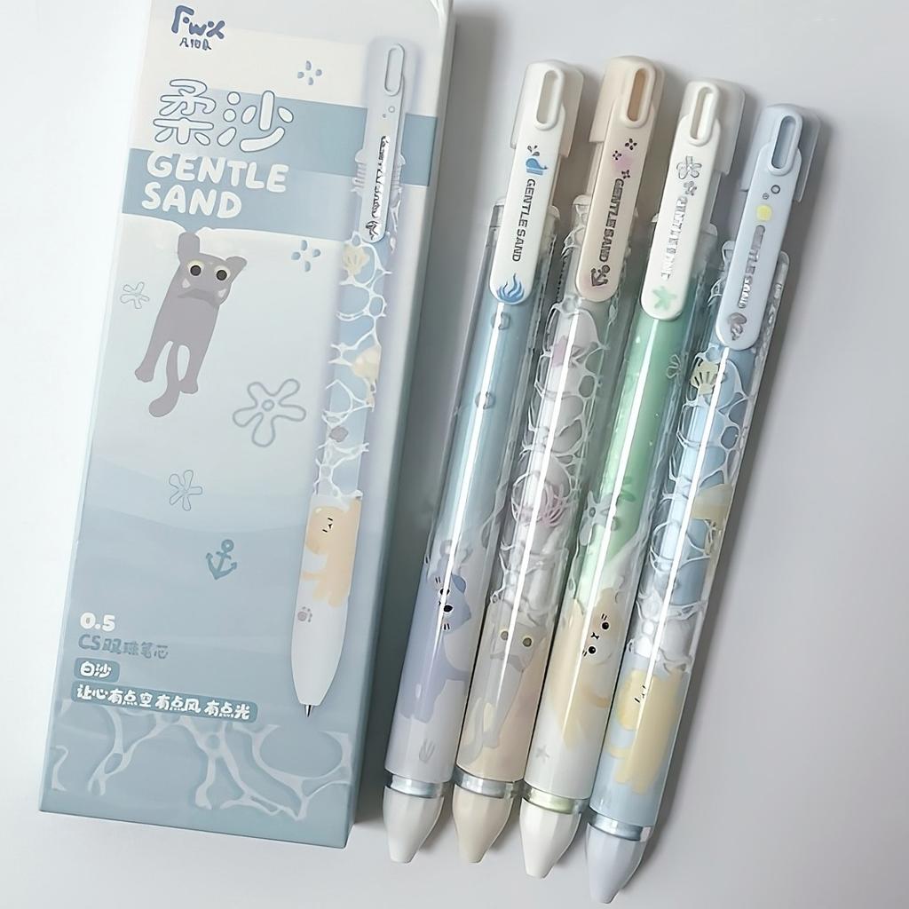 4pcs Gentle Sand Gel Pens Set Kawaii Cat Pattern Quick Dry Gel Ink 0.5mm Smooth Writing Black Color Student Back to School A3304