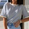 Женские модные повседневные летние весенние блузки и рубашки с круглым вырезом и короткими рукавами с полосатым принтом