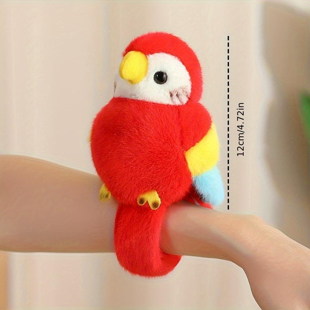 Cute parrot plush wristband with snap closure. Colorful bird-shaped wearable toy for kids, lovely collectible accessory.