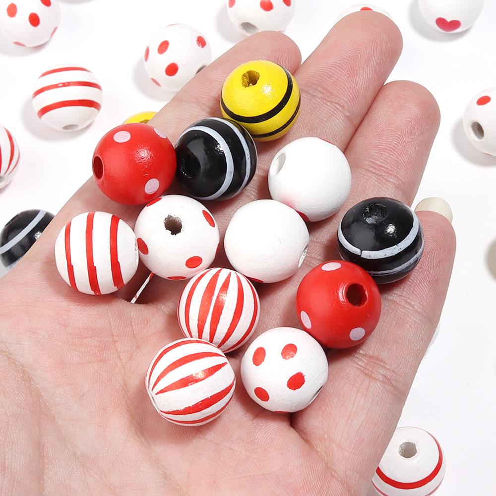 20Pcs 16mm Natural Wood Beads Colorful Stripe Heart  Printing Large Hole Round Beads DIY Craft Bracelet Kid's Toy  Accessories