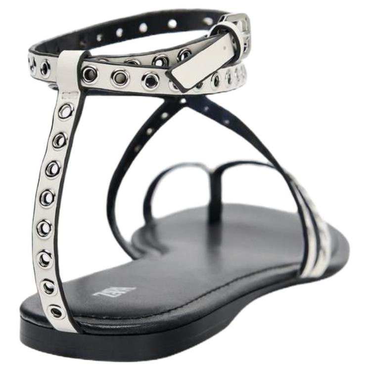 Zara Pu Open Toe Fashion Studded Flat One Strap Sandals 1Cm Women Sandals White 1618510001