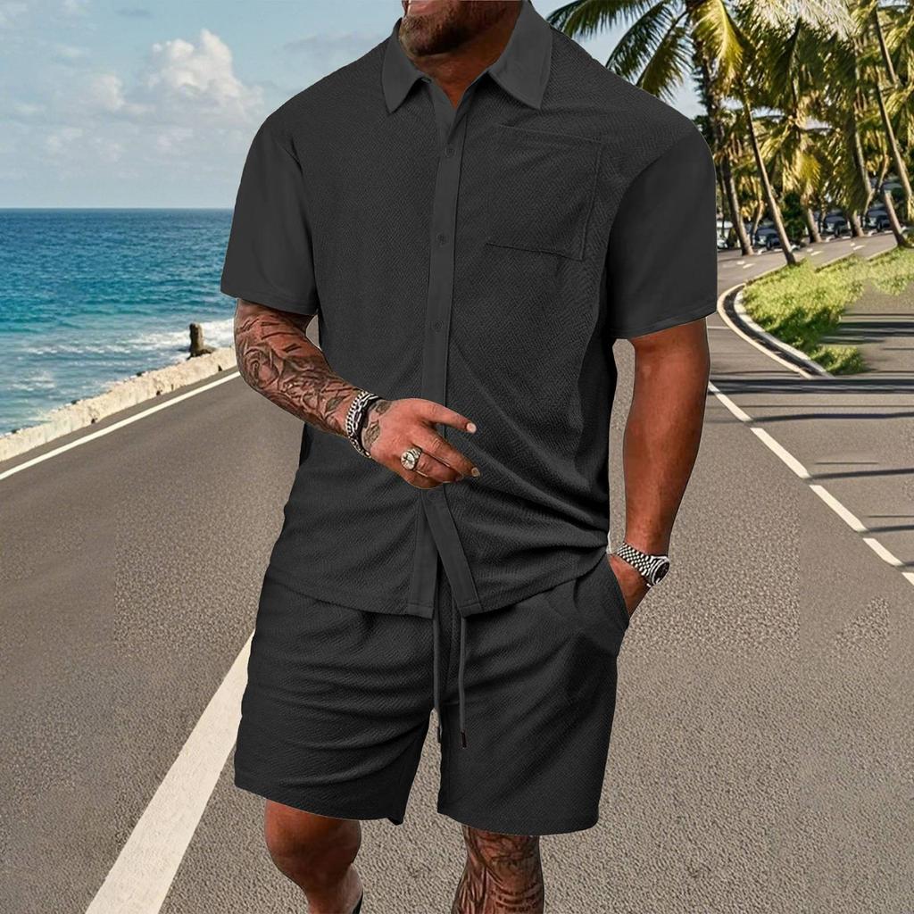 Мужская летняя однотонная рубашка с коротким рукавом, карманом, пуговицами, лацканами и шортами