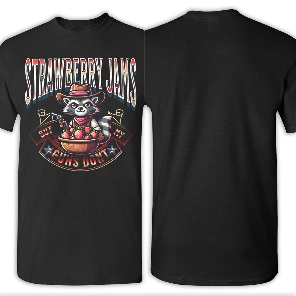 Men Women Strawberry Jams But My Gun Don't Raccoon T Shirt Pure Cotton Graphic Printed Tee Shirts Clothing Outfits
