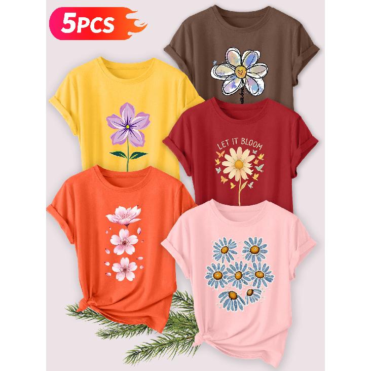 Five-piece set Elegant short-sleeved shirt for women Fresh floral print round-neck women's short-sleeve shirt suitable for spring and summer