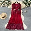 High End Dress for Women In Autumn French Fashion Lace Long Sleeved Patchwork Waist Cinching Pleated Long Dress