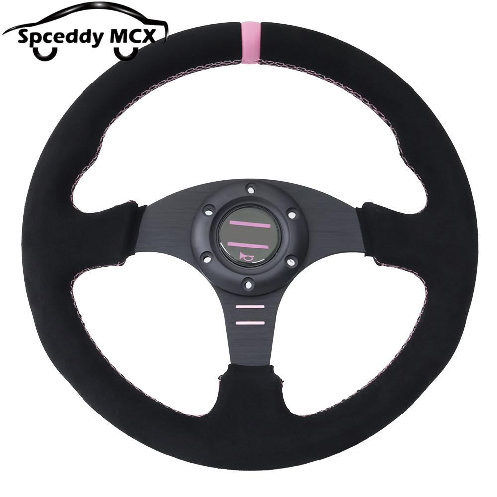 Spceddy MCX Pink Suede Steering Wheel 13inch 330mm 14inch 350mm Flat Racing Sport Real Leather Steering Wheel Universal
