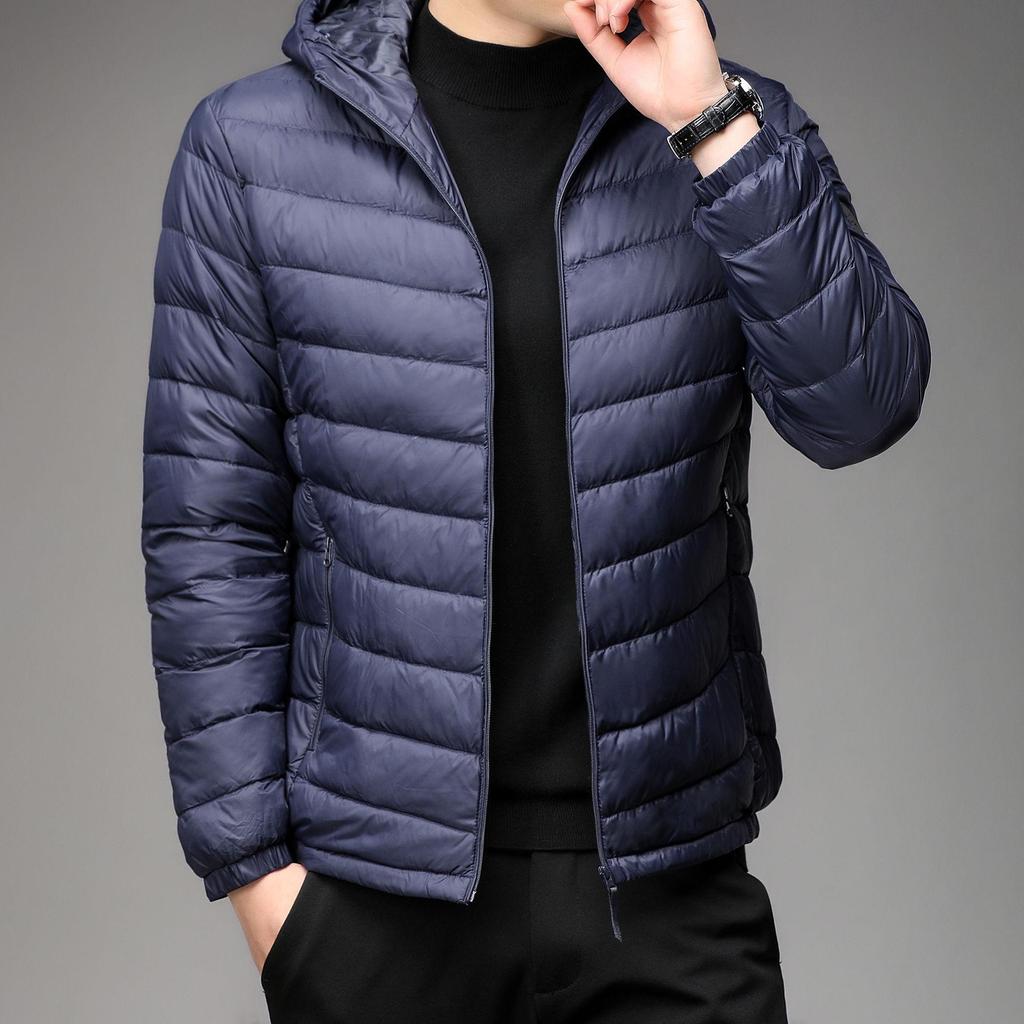 Брендовая мужская короткая куртка с капюшоном из легкого пуха - Осень/Зима, воротник-стойка, тонкий стиль