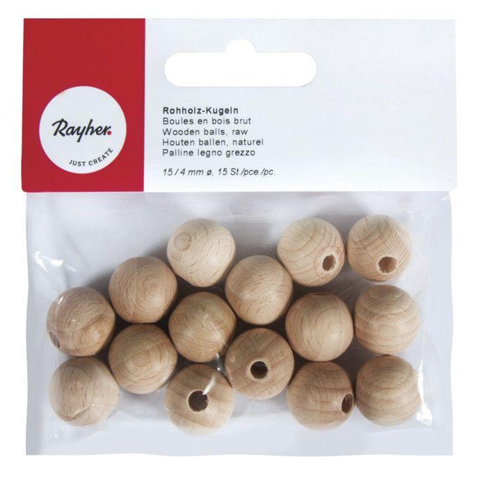 Boules en bois brut, percées, 15mm, forage 4mm, 15pces