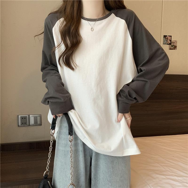 Contrast Color Splicing Shoulder Sleeves Bottoming Shirt Women's Inner Cover Winter Loose Velvet Real Shot Long Sleeves