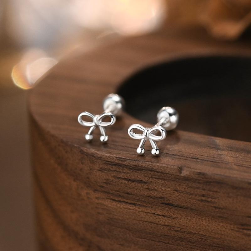 S999 Sterling Silver High-quality Bow Screws Earrings for Women Korean Fashion Small Simple Ear Accessories