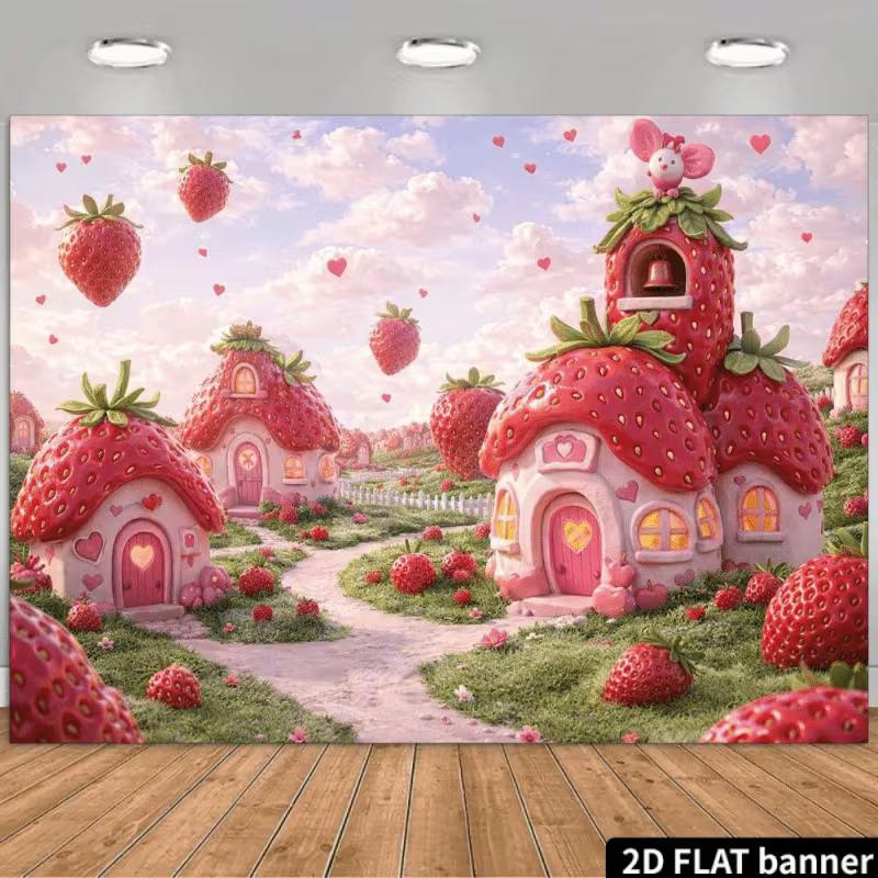 2D Волшебные Домики-Клубнички и Сердечки Фон для Фотосъемки