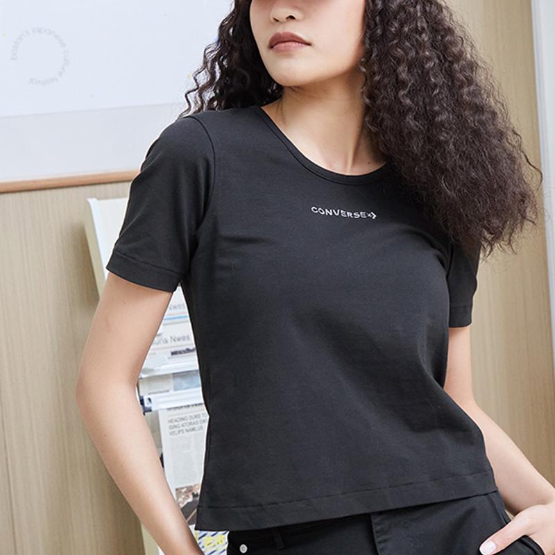 Converse Футболки Женские Черные С Круглым Вырезом Умеренно Прямой Крой 10023192-A01
