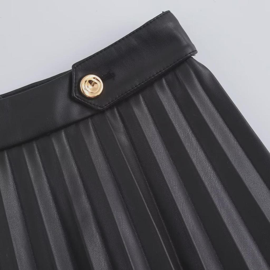 Женская черная плиссированная юбка А-силуэта из искусственной кожи - европейский и американский стиль осень/зима 2024
