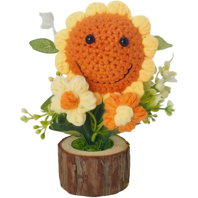 Handmade Crochet Sunflower Bouquet in Pot-Charming Knitted Creative Mini Flower Bouquet,Forever Blooming Home Desktop Decor or Gift for