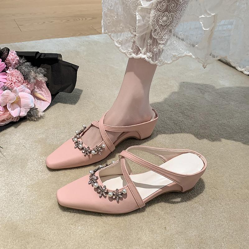 Плоские тапочки-высотки Осенние Новые с квадратным носком Мелкие Слипы Стразы Пряжка Перекрестный ремешок Ажурные Обернутые туфли