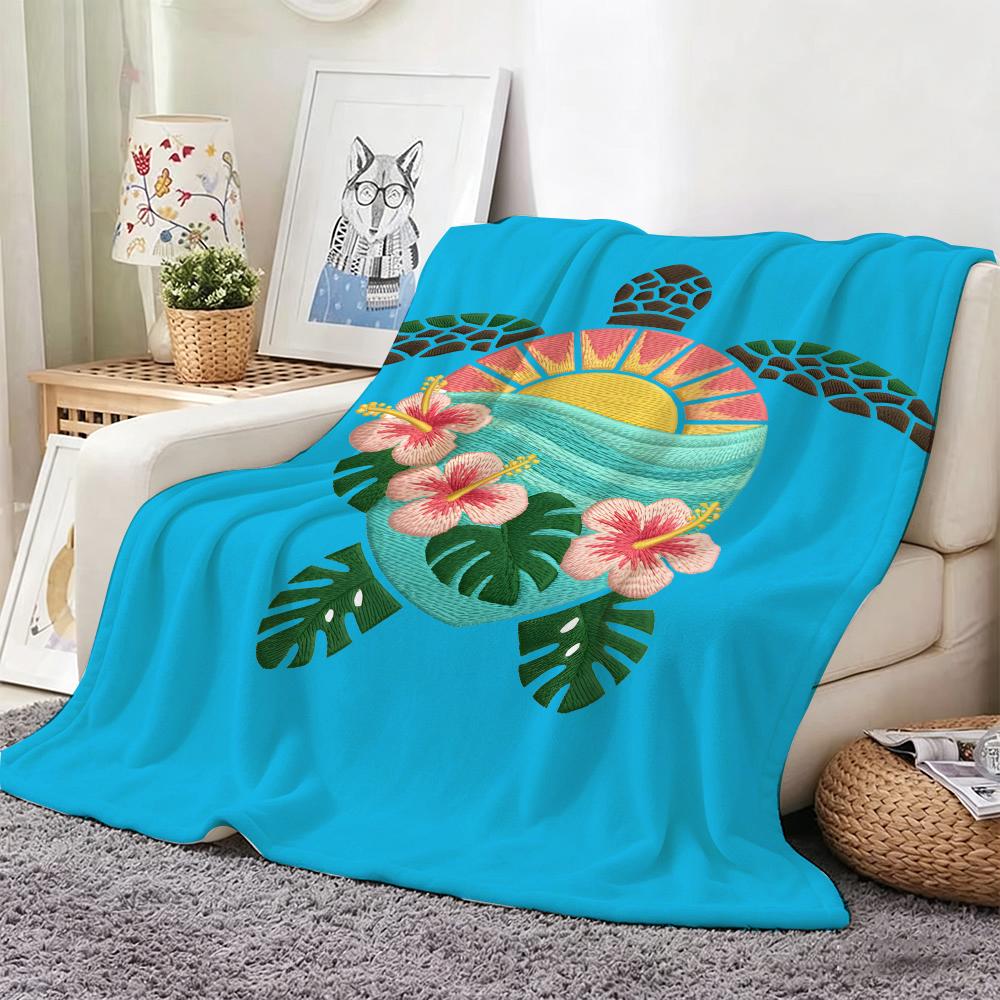 Cute Vintage Surf Turtle Throw Lightweight 240g Flannel Blanket Soft Skin-friendly for Summer Cooling