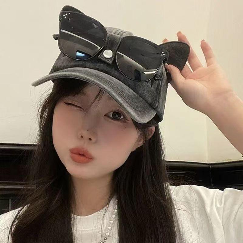 Шляпа с кошачьими ушками, женская, уличная, солнцезащитные очки, кепка с козырьком, ретро, выстиранная, ковбойская кепка